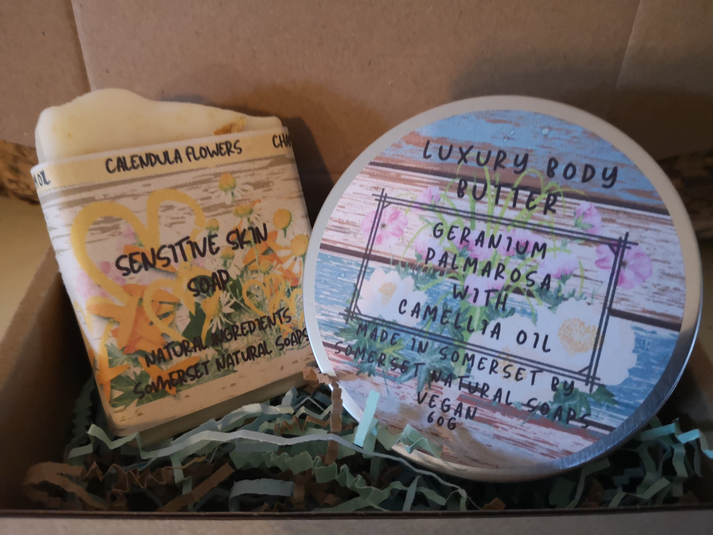 Gift set Geranium & Palmarosa Luxury Body Butter and Geranium & Chamomile Luxury Handmade Vegan Soap