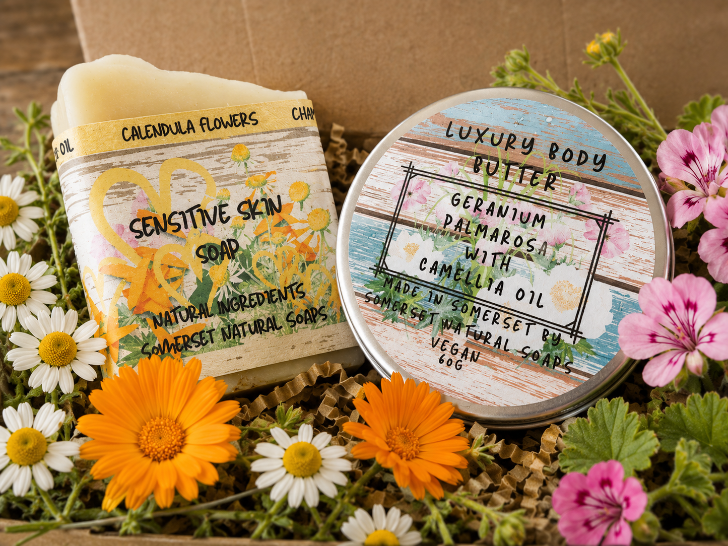 Gift set Geranium & Palmarosa Luxury Body Butter and Geranium & Chamomile Luxury Handmade Vegan Soap