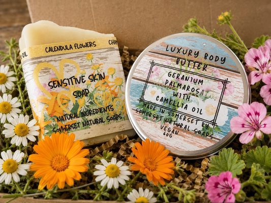 Gift set Geranium & Palmarosa Luxury Body Butter and Geranium & Chamomile Luxury Handmade Vegan Soap