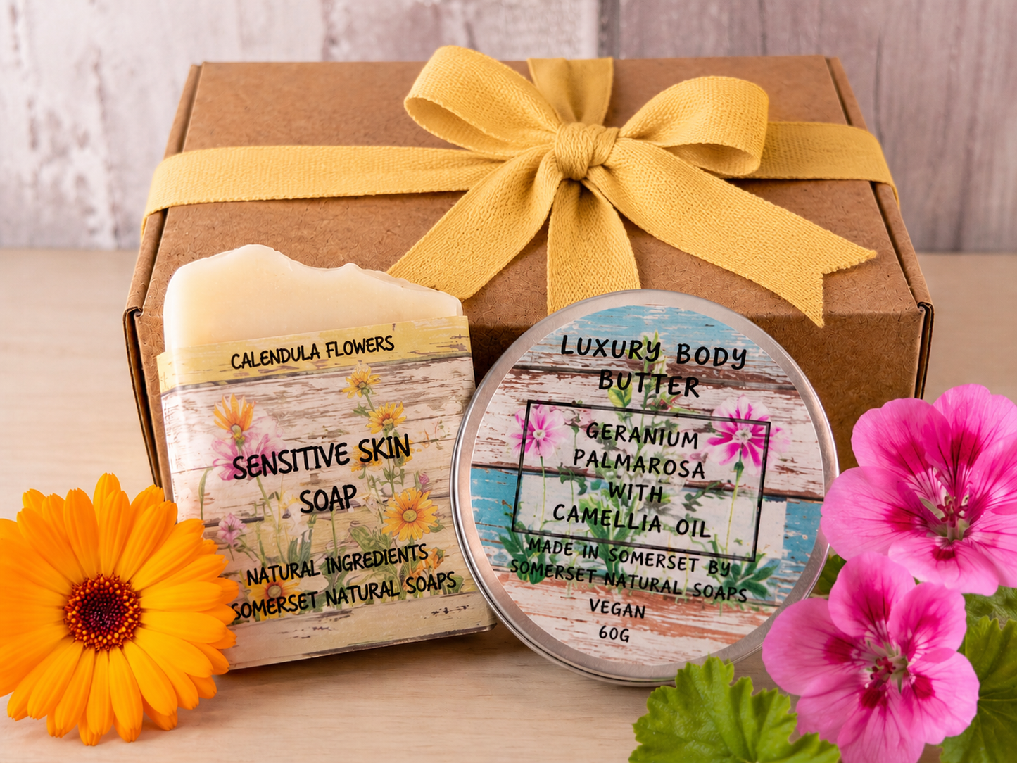Gift set Geranium & Palmarosa Luxury Body Butter and Geranium & Chamomile Luxury Handmade Vegan Soap